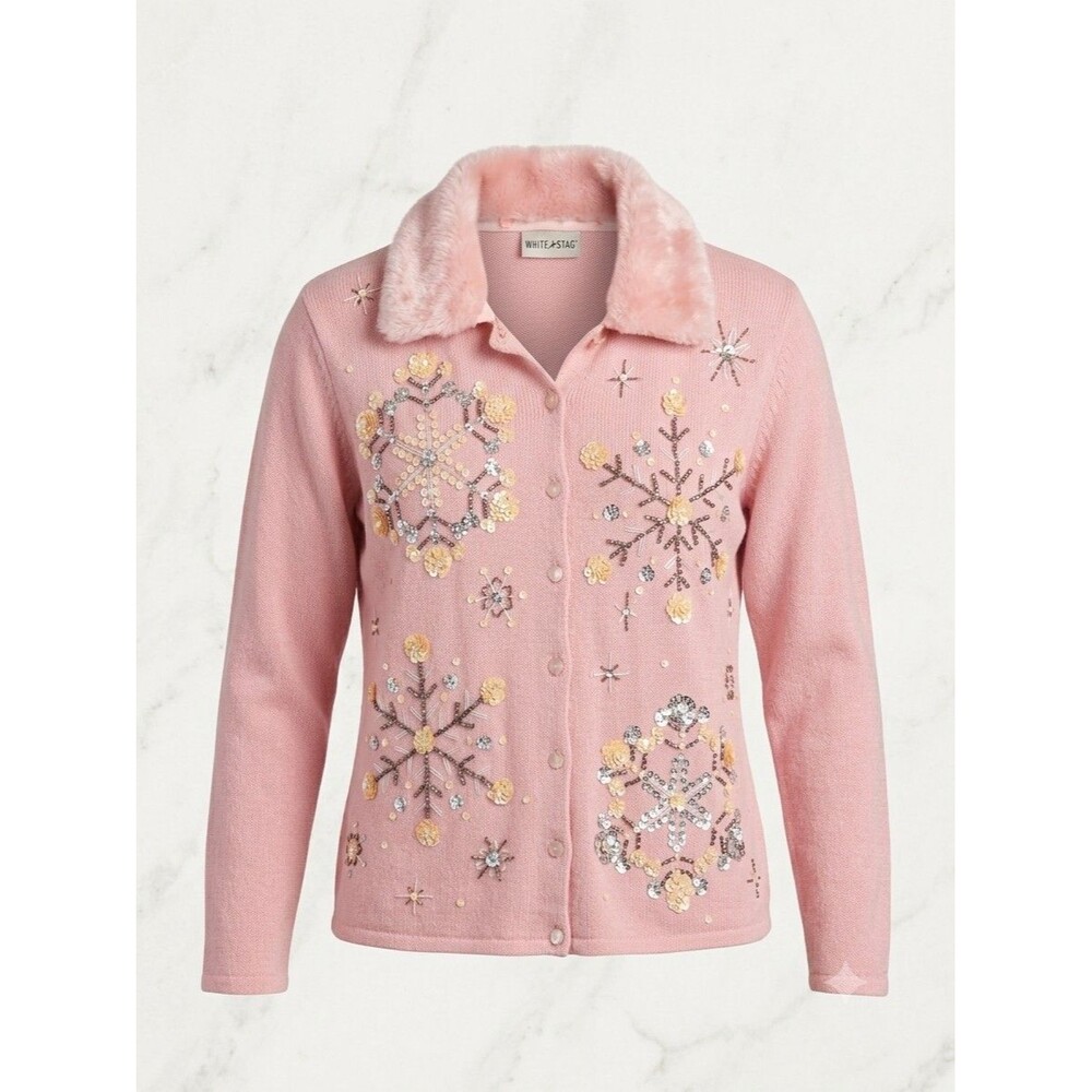 Vintage Shaver Lake Sweater L Pink Faux Fur Collar Sequin Snowflake Cardigan Y2K